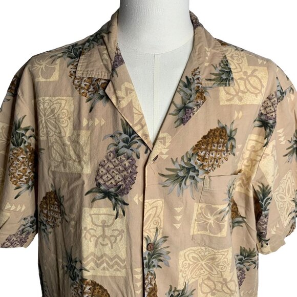 Button Up Hawaiian Camp Shirt XL Tan Pineapples Polynesian Short Sleeve Pocket - Picture 2 of 5